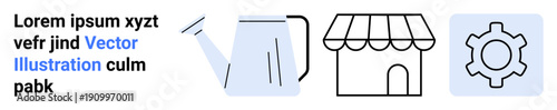 Watering can, shop symbol, and gear icon for ideas thumbs up growth, business operations, maintenance, and productivity. Ideal for business strategy, innovation, e-commerce agriculture startup