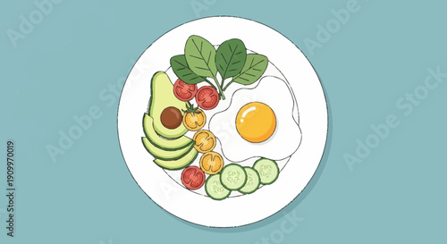 Healthy breakfast plate with egg, avocado, spinach, tomatoes, and cucumber