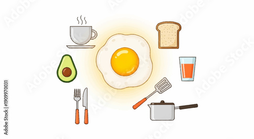 Healthy Breakfast Set: Fried Egg, Toast, Avocado, and Coffee Illustration