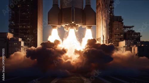 Dramatic Spacecraft Launch with Intense Flames and Smoke, Slow Motion Shot, symbolizing technological advancement and space exploration