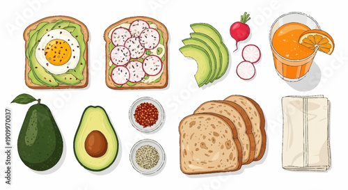 Healthy Breakfast Toasts with Avocado, Radish, and Orange Juice on White Background