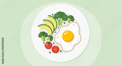 Healthy Breakfast Plate with Fried Egg, Avocado, Broccoli, and Tomato