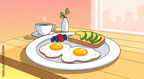 Healthy Breakfast with Fried Eggs, Avocado Toast, and Coffee on a Sunny Morning