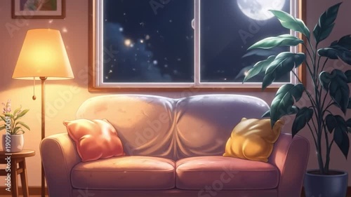 Calm Anime-Inspired Night Living Room with Cozy Couch, Anime Scenery Window, and Animated Virtual Background