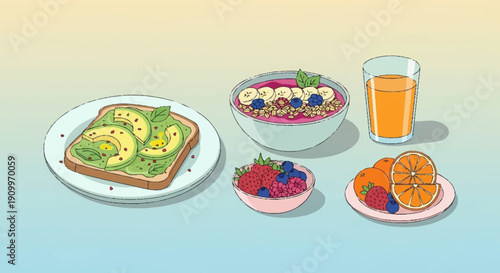 Healthy Brunch Spread with Avocado Toast, Acai Bowl, and Fresh Fruits