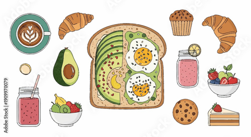 Healthy Brunch Food Set with Avocado Toast, Smoothie, Coffee, and Bakery Items