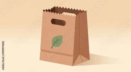 Illustration of a brown paper bag with green leaf logo, eco-friendly shopping concept