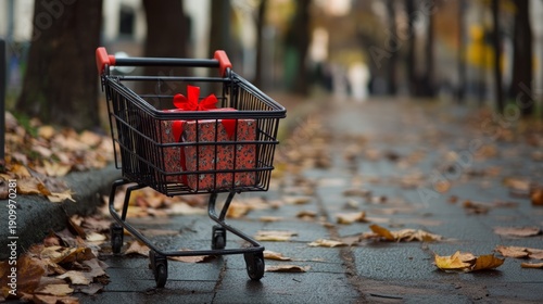 Wallpaper Mural Black Shopping Cart with Gift Box on Leafy Urban Pathway Torontodigital.ca