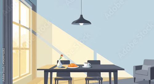 Minimalist Room Interior with Sunlight Through Window, Flat Design Style