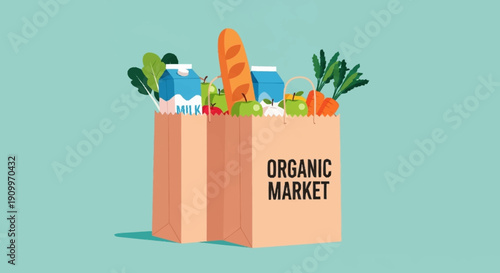 Paper Bag Full of Organic Groceries from a Healthy Market with Fresh Food and Drinks