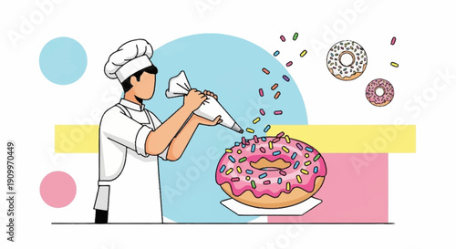 Pastry Chef Decorating Pink Donut with Colorful Sprinkles - Bakery Creation
