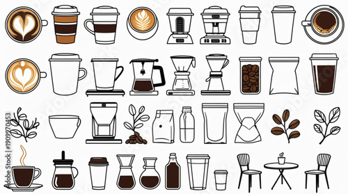 A collection of coffee and tea icons in a minimalist line art style