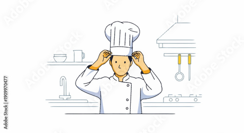 Professional Chef Adjusting Toque in Kitchen - Culinary Art Illustration