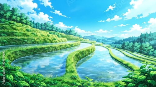 Animated Virtual Background of Winding River Through Lush Valley with Anime Scenery under Bright Blue Sky, Serene Nature Landscape