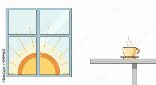 Steaming Coffee Cup on Table with Morning Sun Through Window - Minimalist Start to Day