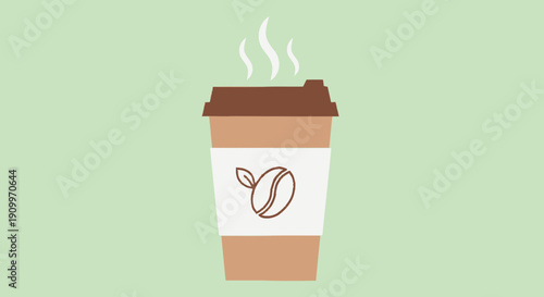 Steaming Takeaway Coffee Cup with Coffee Bean Logo on Green Background