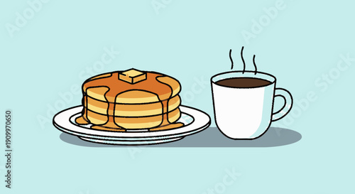 Stack of Pancakes with Syrup and Butter with Hot Coffee Mug on Blue Background