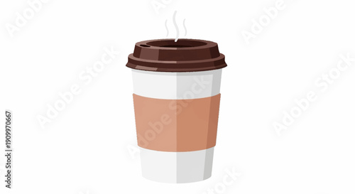 Steaming hot coffee in disposable take-away paper cup with brown lid on white background