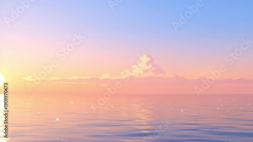 Animated Virtual Background Tranquil Ocean Sunrise Anime Scenery with Calm Waters, Gentle Ripples, and Vibrant Gradient Sky
