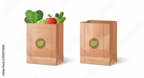 Two brown paper bags, one empty and one filled with fresh organic vegetables and fruit