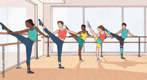 Group of young dancers stretching in a ballet studio for International Dance Day  