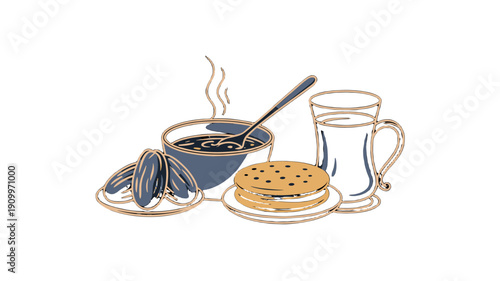 A cozy breakfast featuring dates, soup, cookies, and milk.