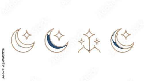 Celestial arrangement featuring crescent moon and stars.