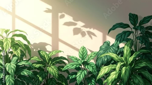 Anime-Inspired Virtual Scene with Lush Green Plants, Vibrant Yellow Leaves, Tranquil Indoor Window, Four-Pane Sunlit Frame, and Shadow-Cast Wall Backdrop