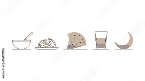 A simple minimalist illustration featuring bowl, dates, cheese, milk glass and crescent moon.