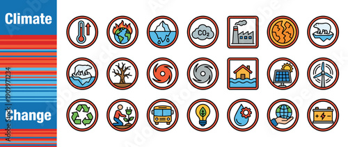 Comprehensive set of climate change and global warming icons including environmental sustainability, renewable energy, pollution, melting icebergs, natural disasters, and green technology.