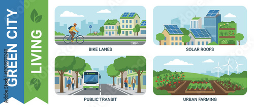 Green City Living Infographic with Sustainable Urban Planning Concepts: Bike Lanes, Solar Roofs on Modern Buildings, Public Transit Electric Bus, and Urban Farming with Wind Turbines Illustration.
