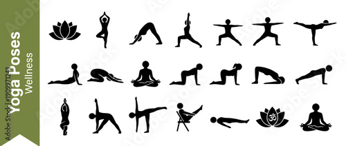 Vector Set of Yoga Pose Silhouettes and Wellness Icons Featuring Asanas like Tree Pose, Downward Dog, Warrior, and Lotus for Fitness, Meditation, Health, and Healthy Lifestyle Design Projects