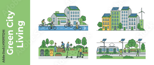 Green City Living Illustration Set with Sustainable Urban Lifestyle, Solar Powered Buildings, Wind Turbines, Electric Trams, Cycling, Community Gardening, and Waste Recycling Bins.