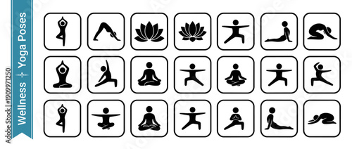 Collection of Minimalist Yoga Pose Icons and Wellness Symbols. Black and white stick figure illustrations of various asanas like tree pose, warrior, lotus, and downward dog for health and fitness.