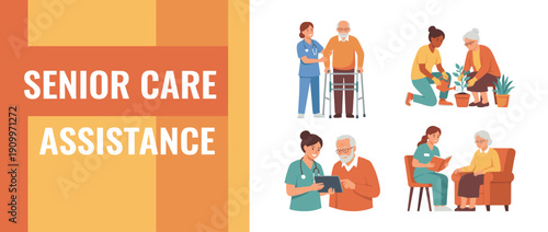 Senior Care Assistance Banner with Flat Vector Illustrations of Professional Caregivers Helping Elderly Men and Women with Walking, Gardening, Using a Tablet, and Reading in a Nursing Home.