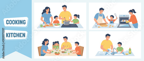 Happy family cooking together in the kitchen, baking cookies, eating a healthy meal at the dining table, and washing dishes. Flat vector illustration of domestic life and teamwork at home.