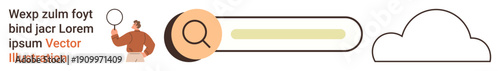 Data analysis, internet search, information gathering, cloud storage, technology, web tools. Search bar, magnifying glass person and a cloud. Internet search and data analysis concepts
