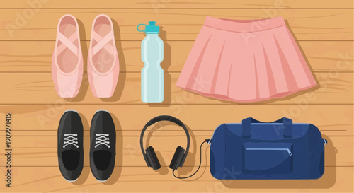 Dance shoes, water bottle, and workout gear for International Dance Day  