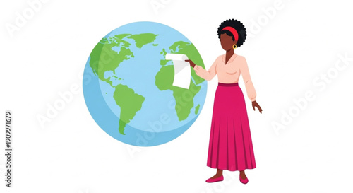 World Poetry Day Illustration of a woman standing in front of a globe and holding up a piece of paper, symbolizing global education and awareness