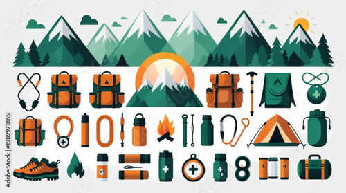 A colorful vector graphic illustration of camping equipment and mountain scenery