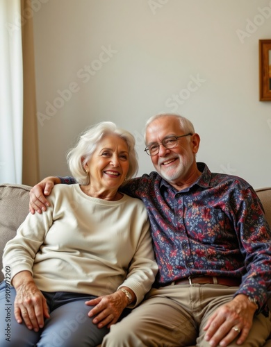 Happy Senior Couple Embracing Their Golden Years, Smiling on a Couch, Enjoying Retirement and a Comfortable Lifestyle with Love and Happiness