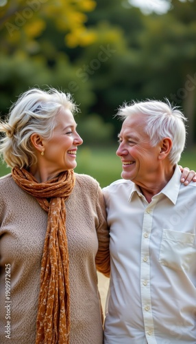 Smiling senior couple enjoying a walk together, a cinematic image showing love, companionship, and healthy aging in a warm, natural setting.