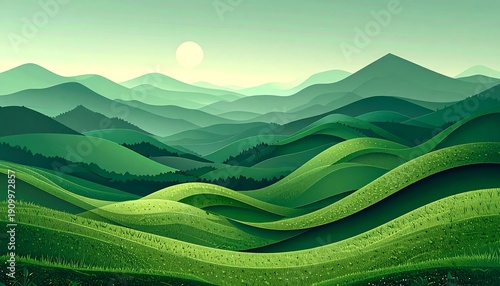 Lush, stylized vista with rolling green hills and layered mountains under a soft sun