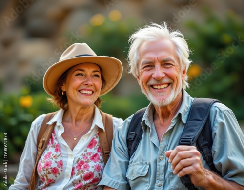 Happy senior couple enjoying their active retirement, traveling with backpacks, healthy lifestyle, and sharing joyful moments during vacation.