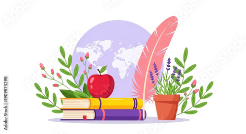 World Poetry Day A collection of educational and natural elements, including books, a feather, an apple, and plants, representing learning and growth