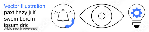 Alerts, notifications, technology, vision, innovation, ideas. Bell with a call icon, an eye and a light bulb with a gear. Alerts and vision concepts through simple icons for communication