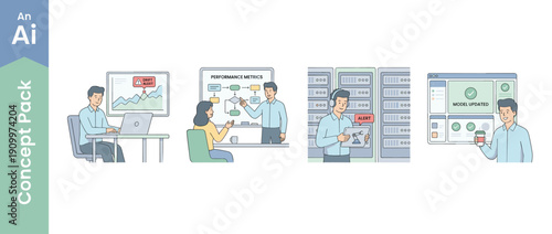 Set of 4 vector illustrations of an AI engineer monitoring machine learning model performance, detecting data drift alerts, analyzing metrics on a whiteboard, and managing server infrastructure.