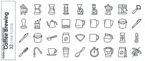 Vector Line Icon Set of 32 Coffee Brewing Tools and Barista Equipment Featuring Espresso Machine, French Press, Pour Over, Grinder, Kettle, Scale, Moka Pot, and Syphon for Cafe and Home Brewing.