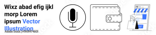 Digital marketing, speech recognition, e-commerce, online payments, voice assistants, retail technology. Stylized microphone, wallet and store elements. Digital marketing and speech recognition