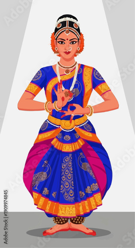 Dancer performing traditional classical pose in vibrant costume performing mudra gesture for International Dance Day  